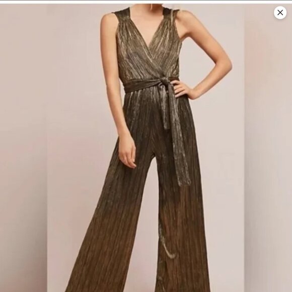 Vanessa Virginia by Anthropologie Pont Neuf Gold Metallic Jumpsuit Women's XS - Picture 2 of 16